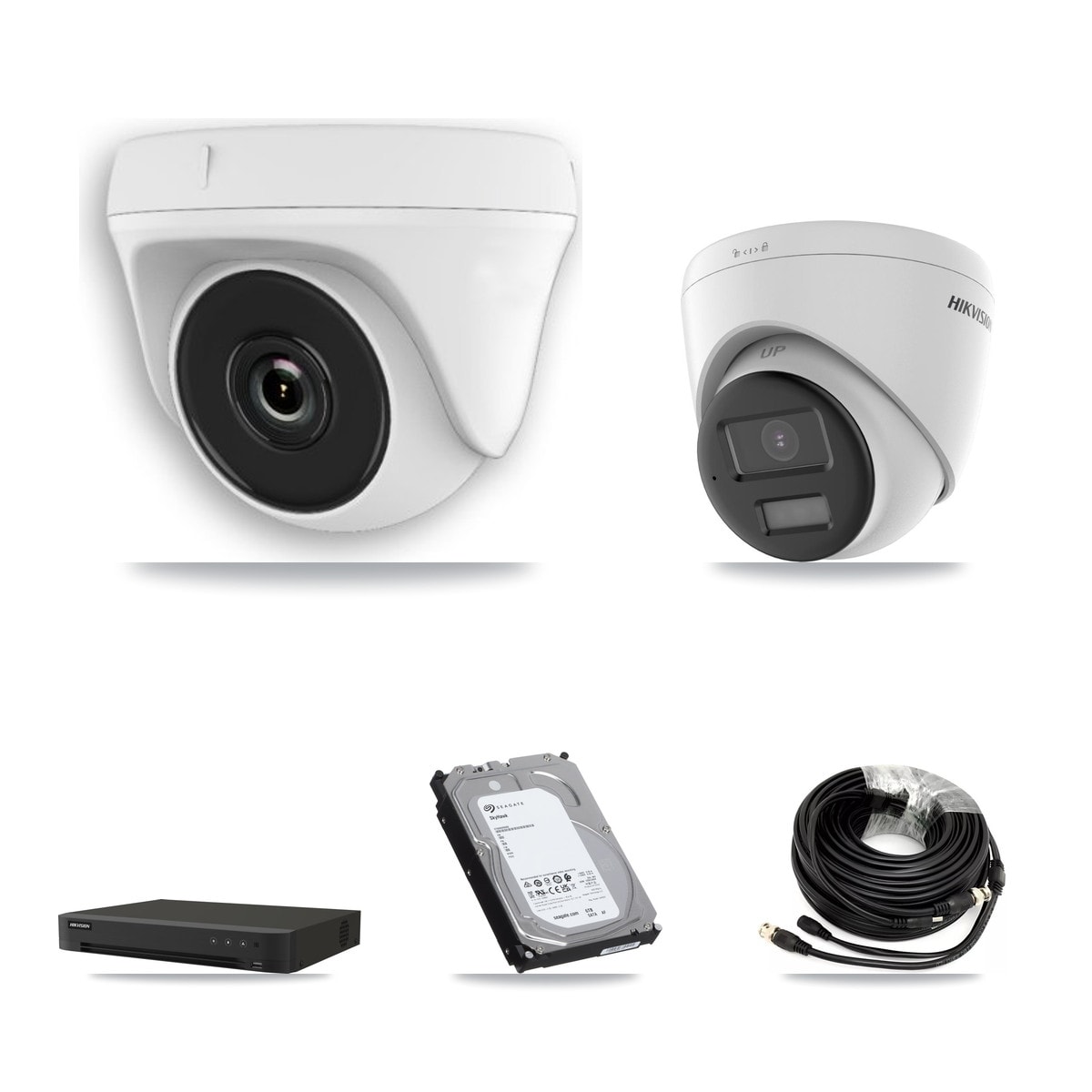 Hikvision 8-Channel 2MP – 4K CCTV Kit — 1 DS-2CE78U0T-LPTS 4K Turret + 5 White HDT-2MP-N20W-2.8MM 2MP Dome Cameras + 6TB Recording (IDS-7208HUHI-M1/XT Recorder) - Image 1