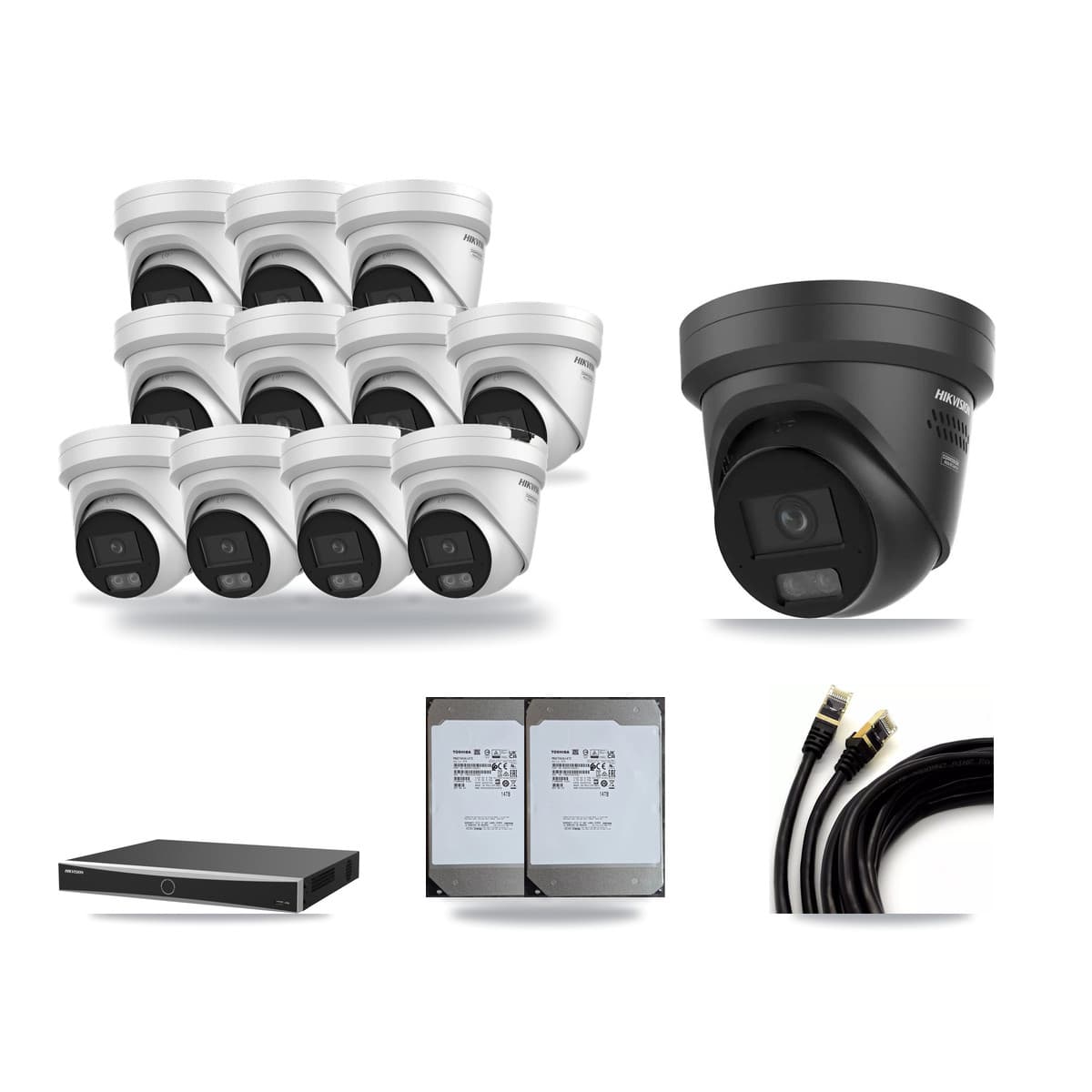 Hikvision 16-Channel 4K CCTV Kit — 11 + 1 Black Turret Cameras + 2× 14TB Recording (DS-7616NXI Recorder) - Image 1