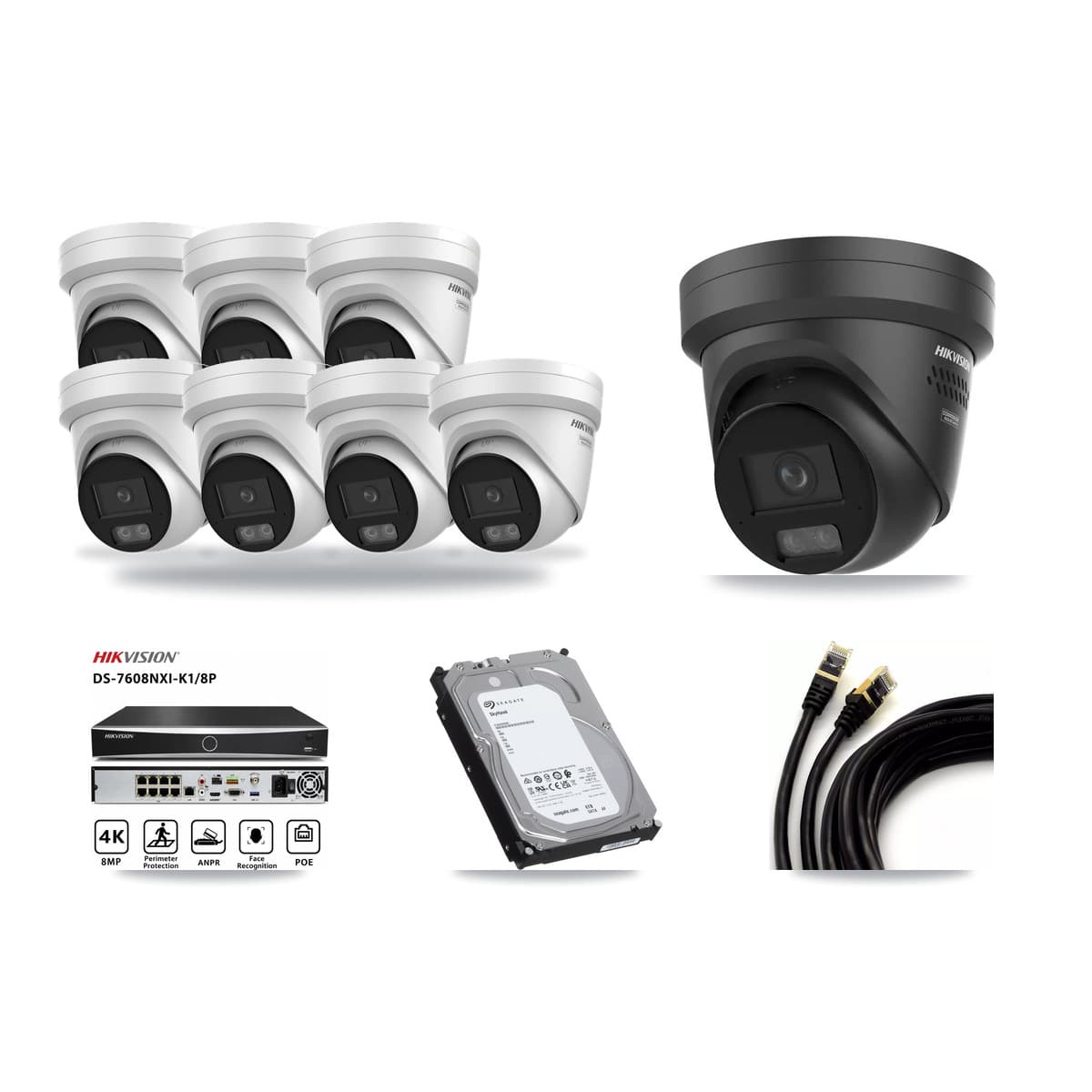 Hikvision 8-Channel 4K CCTV Kit — 7 + 1 Black Turret Cameras + 6TB Recording - Image 1