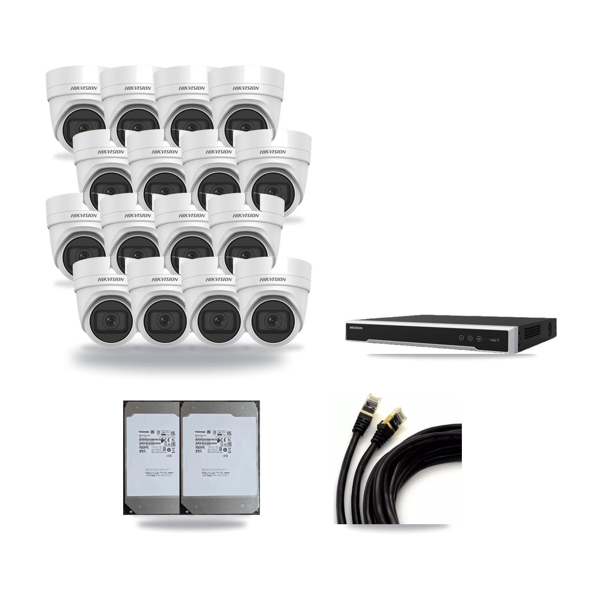 Hikvision 16-Channel 4K CCTV Kit — 16 DS-2CD2H83G0 Turret Cameras + 2× 14TB Recording (DS-7616NI-M2 Recorder) - Image 1
