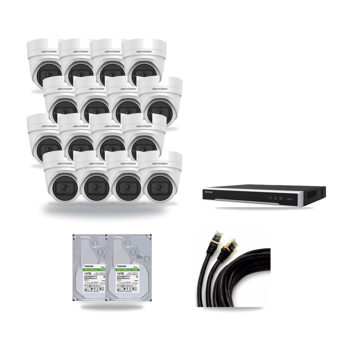 Hikvision 16-Channel 4MP CCTV Kit — 16 DS-2CD2H45FWD Turret Cameras + 2× 10TB Recording (DS-7616NI-M2 Recorder) - Image 1