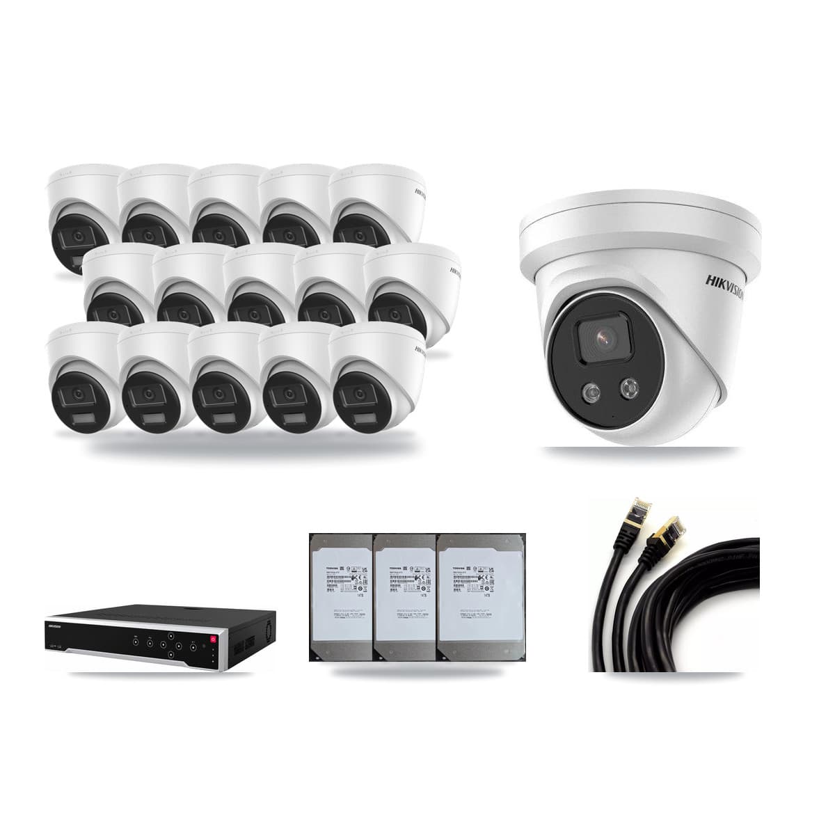 Hikvision 32-Channel 5MP – 4K CCTV Kit — 15 DS-2CD1383G2-LIUF/SL 4K + 1 DS-2CD3356G2-ISU 5MP Turret Cameras + 3× 14TB Recording (DS-7732NI-M4/24P Recorder) - Image 1