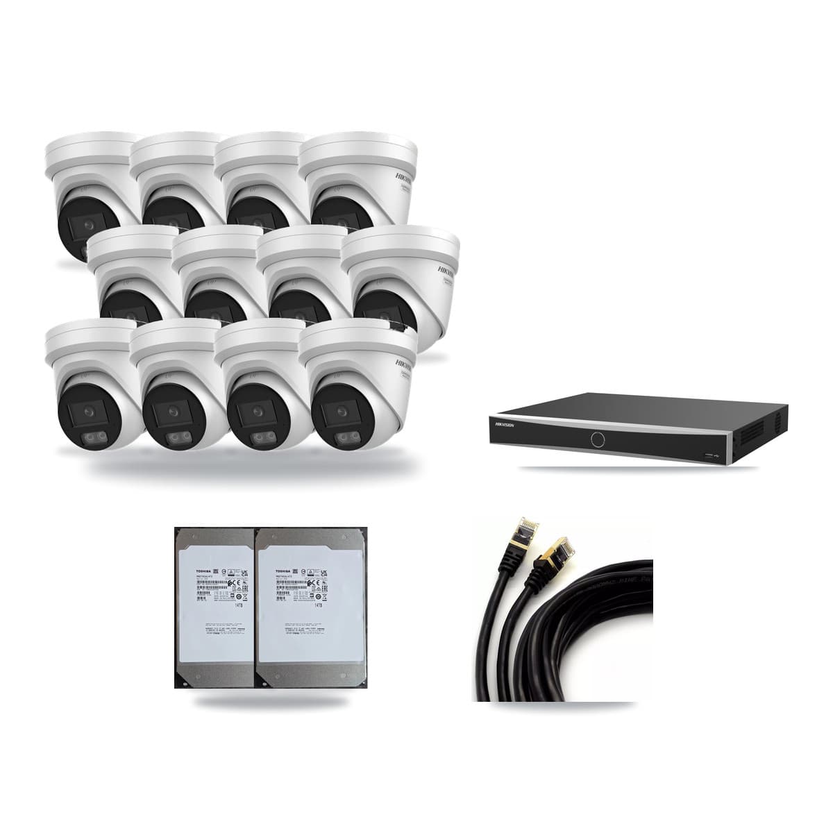 Hikvision 16-channel CCTV kit: 12 cameras (12× 4K Turret), 2× 14TB hard drive