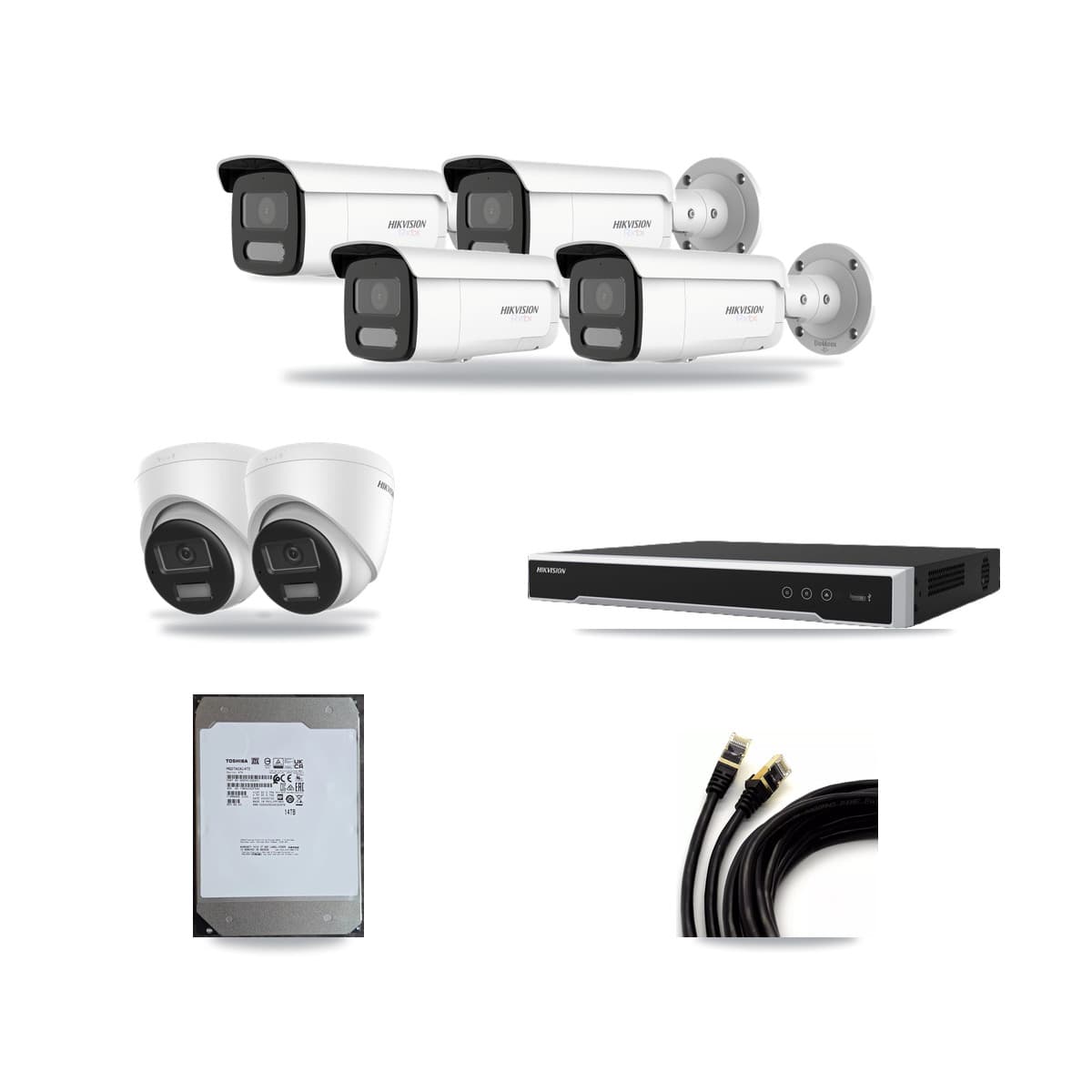 Hikvision 8-Channel 4K CCTV Kit — 2 DS-2CD1383G2-LIUF/SL Turret + 4 White DS-2CD2T87G2H-LISU/SL-2.8MM-W Bullet Cameras + 14TB Recording (DS-7608NI-M2/8P Recorder) - Image 1