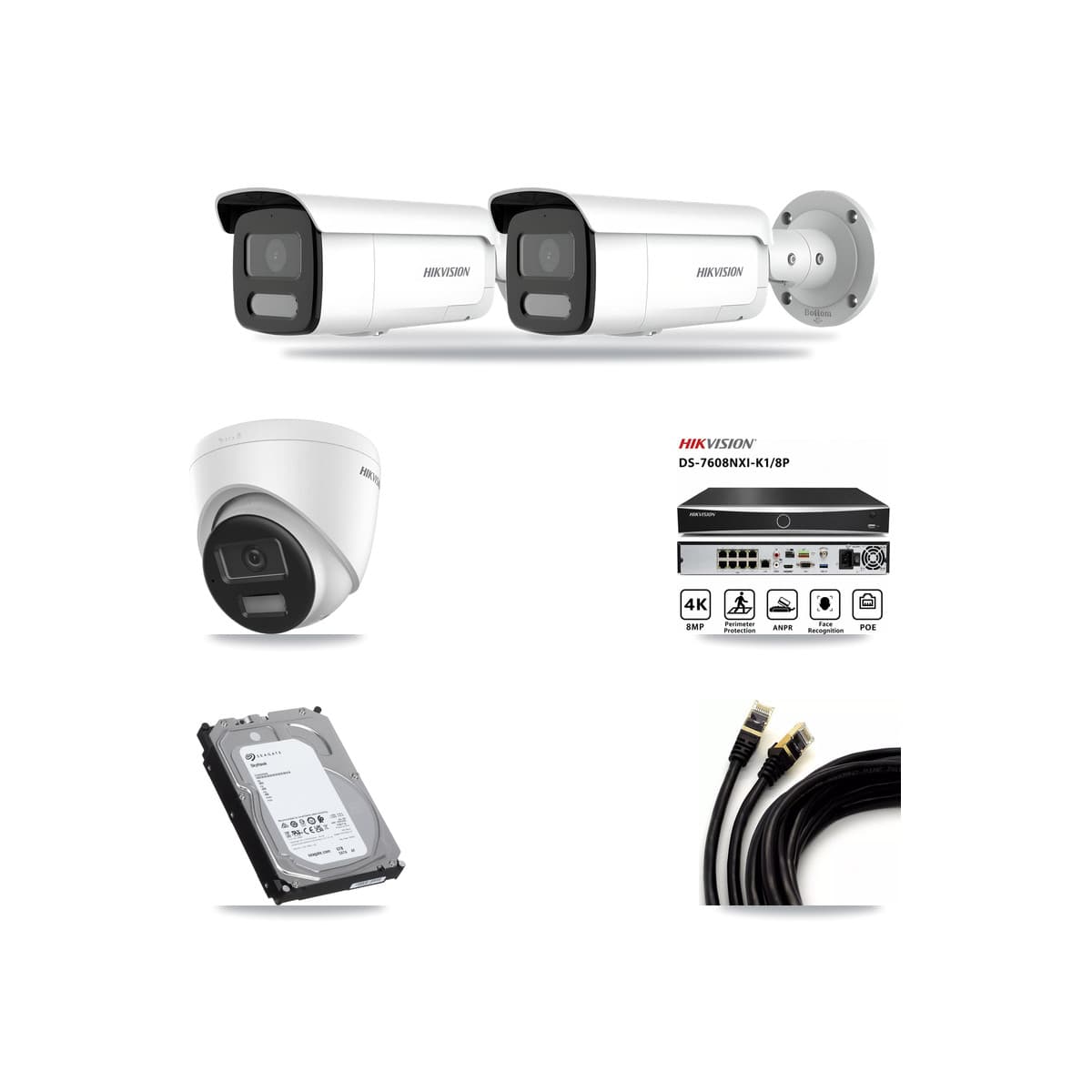 Hikvision 8-Channel 4MP – 4K CCTV Kit — 1 DS-2CD1383G2-LIU 4K Turret + 2 DS-2CD2T47G2H-LISU/SL 4MP Bullet Cameras + 6TB Recording (DS-7608NXI-K1/8P Recorder) - Image 1