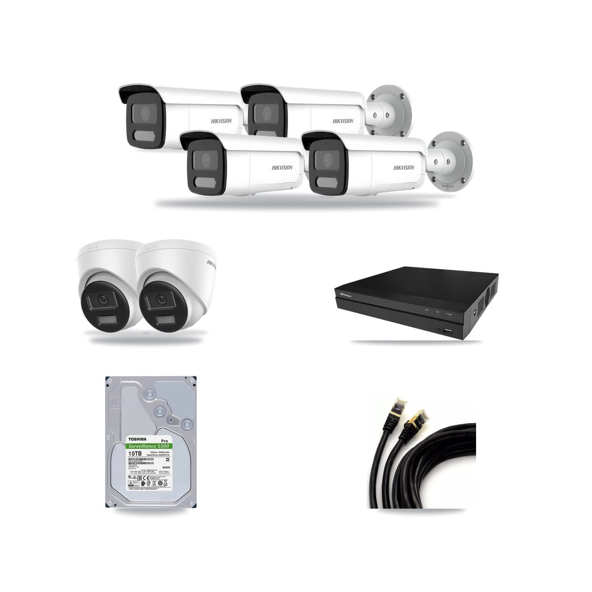 Hikvision & Prolux 8-Channel 4MP – 4K CCTV Kit — 2 DS-2CD1383G2-LIUF/SL 4K Turret + 4 DS-2CD2T47G2H-LISU/SL 4MP Bullet Cameras + 10TB Recording (PXN-2108HS-8P-4K Recorder) - Image 1