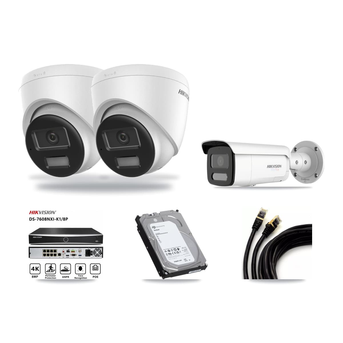 Hikvision 8-Channel 4K CCTV Kit — 2 DS-2CD1383G2-LIUF/SL Turret + 1 White DS-2CD2T87G2H-LISU/SL-2.8MM-W Bullet Cameras + 6TB Recording (DS-7608NXI-K1/8P Recorder) - Image 1