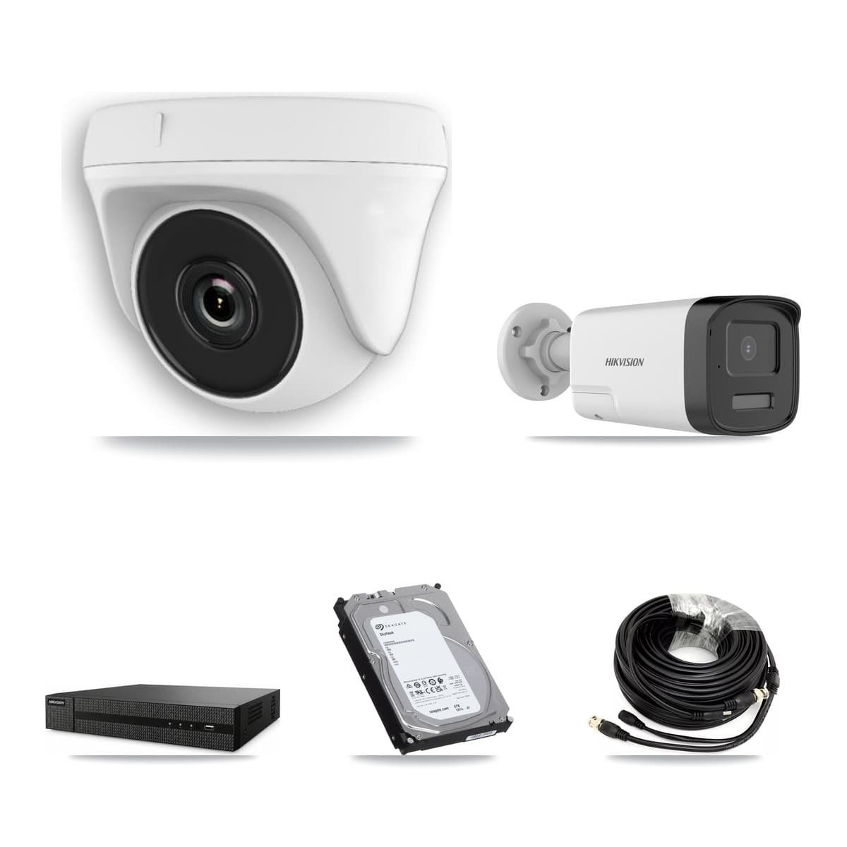 Hikvision 8-Channel 2MP – 5MP CCTV Kit — 1 DS-2CE17K0T 5MP Bullet + 7 White HDT-2MP-N20W 2MP Dome Cameras + 6TB Recording (DVR-8CH Recorder) - Image 1