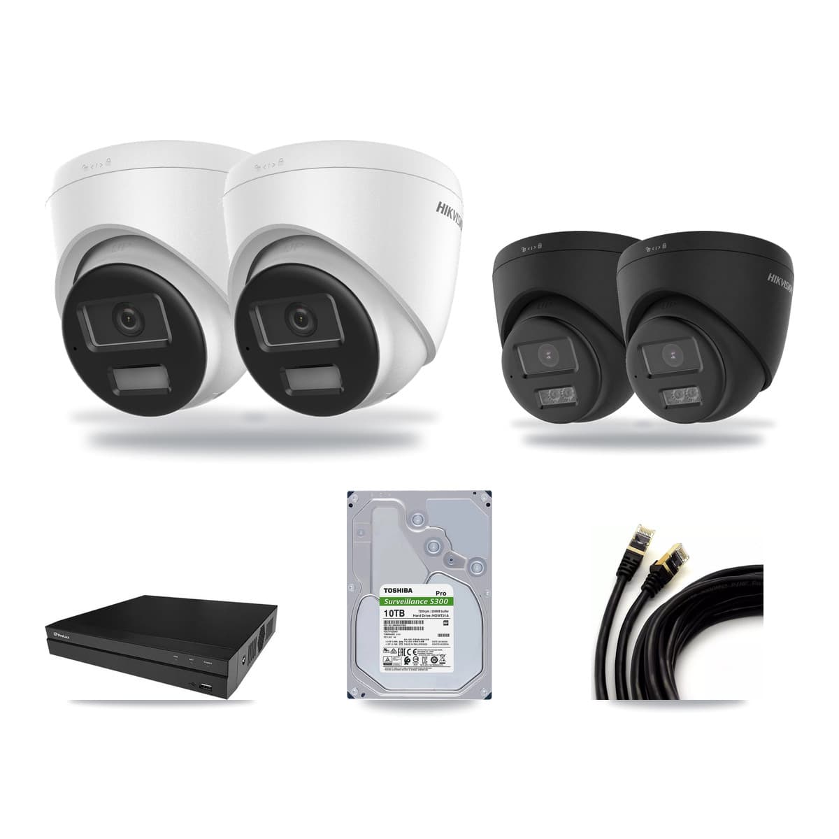 Hikvision & Prolux 8-Channel 4K CCTV Kit — 2 DS-2CD1383G2 + 2 Black DS-2CD1383G2 Turret Cameras + 10TB Recording - Image 1