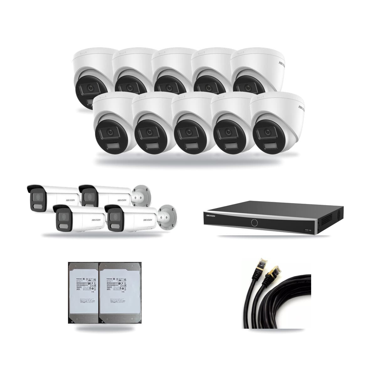 Hikvision 16-Channel 4MP – 4K CCTV Kit — 10 DS-2CD1383G2-LIUF/SL 4K Turret + 4 DS-2CD2T47G2H-LISU/SL 4MP Bullet Cameras + 2× 14TB Recording (DS-7616NXI-K2/16P(E) Recorder) - Image 1