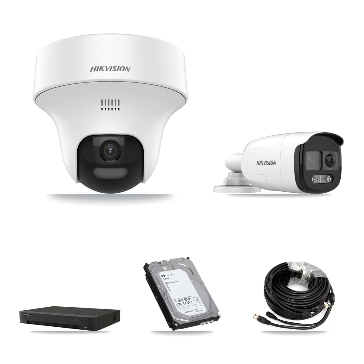 Hikvision 8-Channel 5MP CCTV Kit — 1 DS-2CE12KF3T-PIRXO Bullet + 7 DS-2CE70K0T-PTLTS Turret Cameras + 6TB Recording (IDS-7208HUHI-M1/XT Recorder)