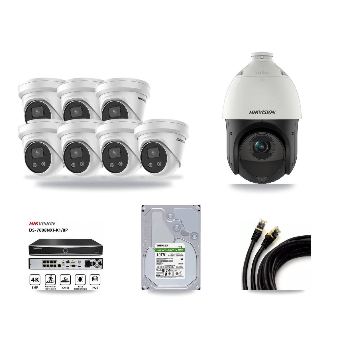 Hikvision 8-Channel 4MP – 5MP CCTV Kit — 7 5MP Turret + 1 4MP PTZ Cameras + 10TB Recording - Image 1