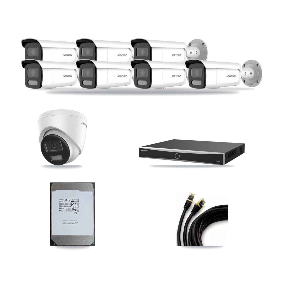 Hikvision 16-Channel 4MP – 4K CCTV Kit — 1 DS-2CD1383G2-LIU 4K Turret + 7 DS-2CD2T47G2H-LISU/SL 4MP Bullet Cameras + 14TB Recording (DS-7616NXI-K2/16P(E) Recorder) - Image 1