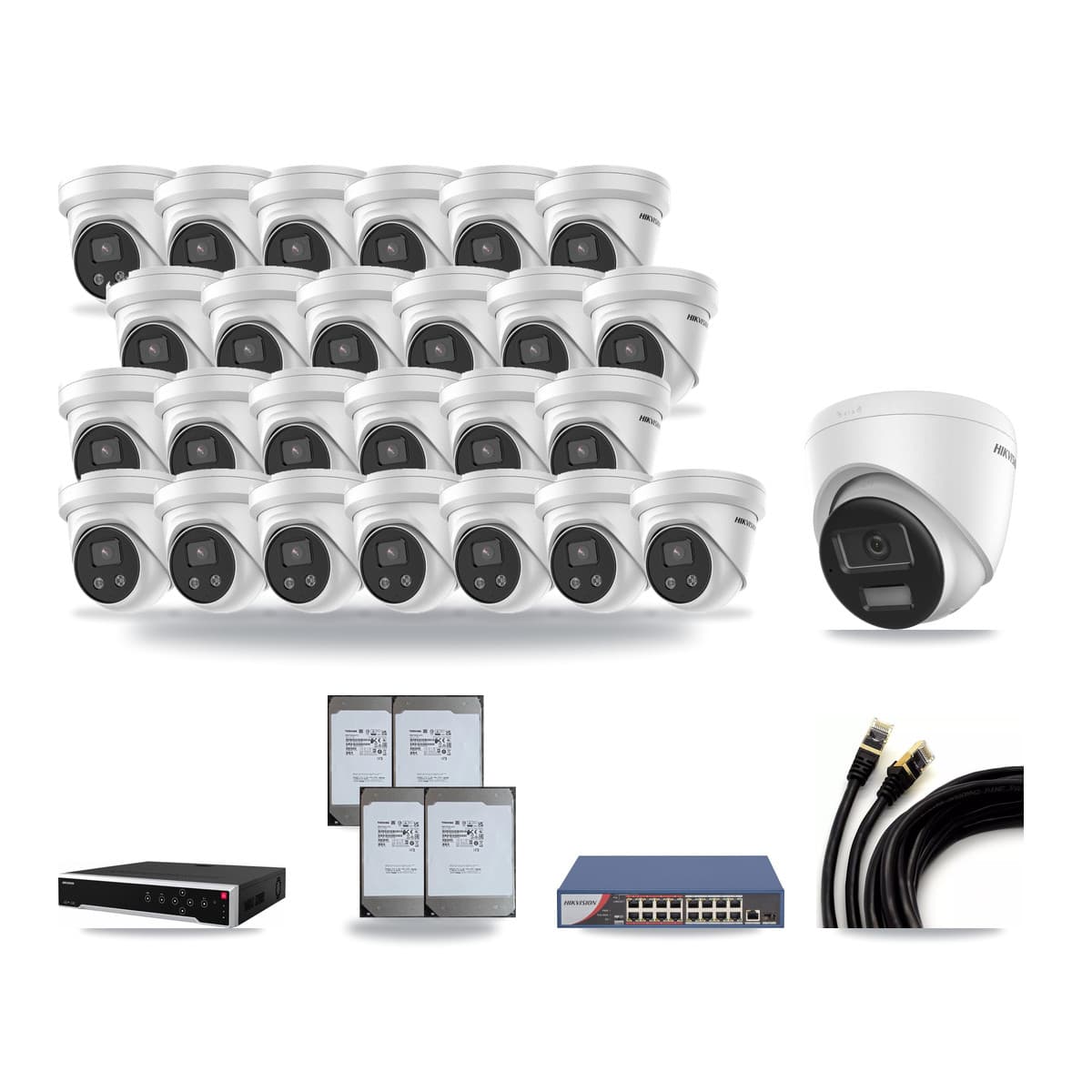 Hikvision 32-Channel 5MP – 4K CCTV Kit — 1 DS-2CD1383G2-LIUF/SL 4K + 25 DS-2CD3356G2-ISU 5MP Turret Cameras + 4× 14TB Recording (DS-7732NI-M4/24P Recorder) - Image 1