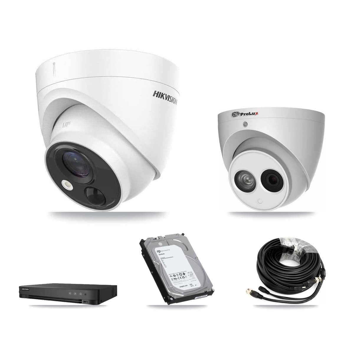 Hikvision & Prolux 8-Channel 4MP – 5MP CCTV Kit — 4 DS-2CE71H0T 5MP + 1 PXC-612C4W-A 4MP Turret Cameras + 6TB Recording (IDS-7208HQHI Recorder)