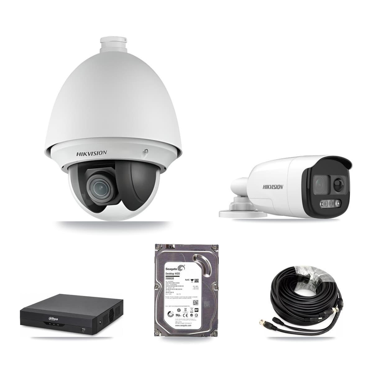 Hikvision & Dahua 4-Channel 2MP – 5MP CCTV Kit — 1 DS-2AE4225T 2MP PTZ + 1 DS-2CE12KF3T 5MP Bullet Cameras + 2TB Recording