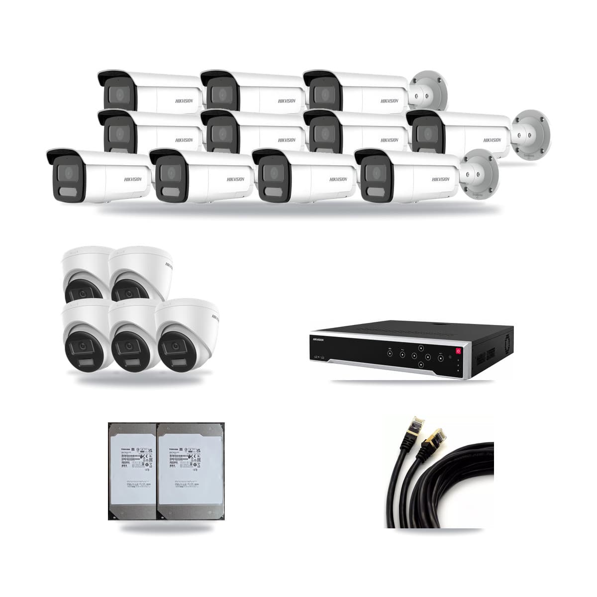 Hikvision 32-Channel 4MP – 4K CCTV Kit — 5 DS-2CD1383G2-LIUF/SL 4K Turret + 11 DS-2CD2T47G2H-LISU/SL 4MP Bullet Cameras + 2× 14TB Recording (DS-7732NI-M4/24P Recorder) - Image 1