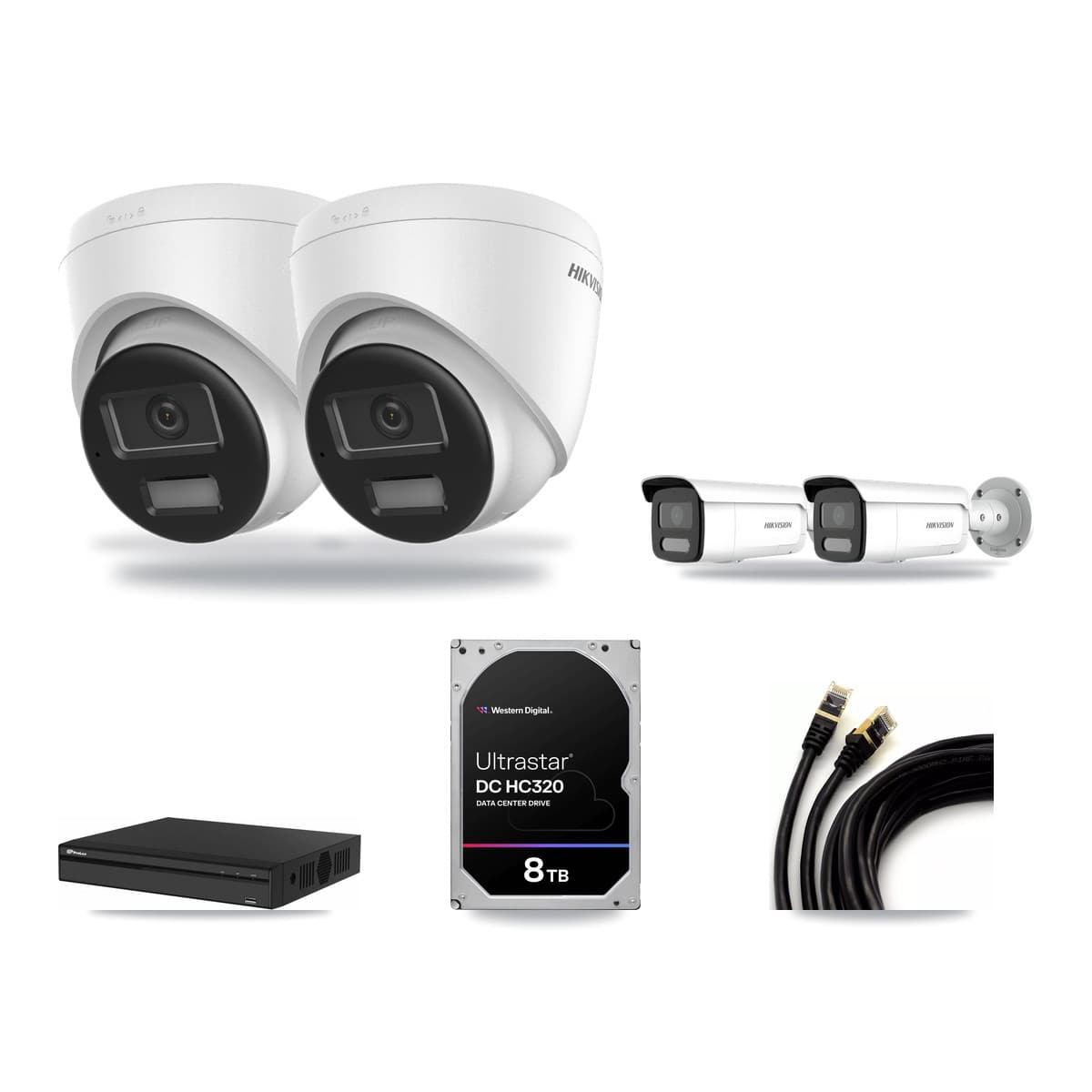Hikvision & Prolux 4-Channel 4MP – 4K CCTV Kit — 2 DS-2CD1383G2-LIUF/SL 4K Turret + 2 DS-2CD2T47G2H-LISU/SL 4MP Bullet Cameras + 8TB Recording (PXN-2104HS-4P-4K Recorder) - Image 1