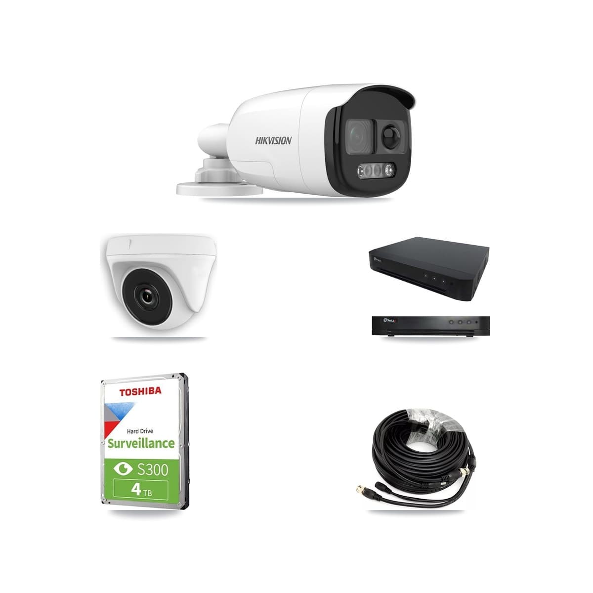 Hikvision & Prolux 16-Channel 2MP – 5MP CCTV Kit — 2 DS-2CE12KF3T 5MP Bullet + 2 White HDT-2MP-N20W 2MP Dome Cameras + 4TB Recording