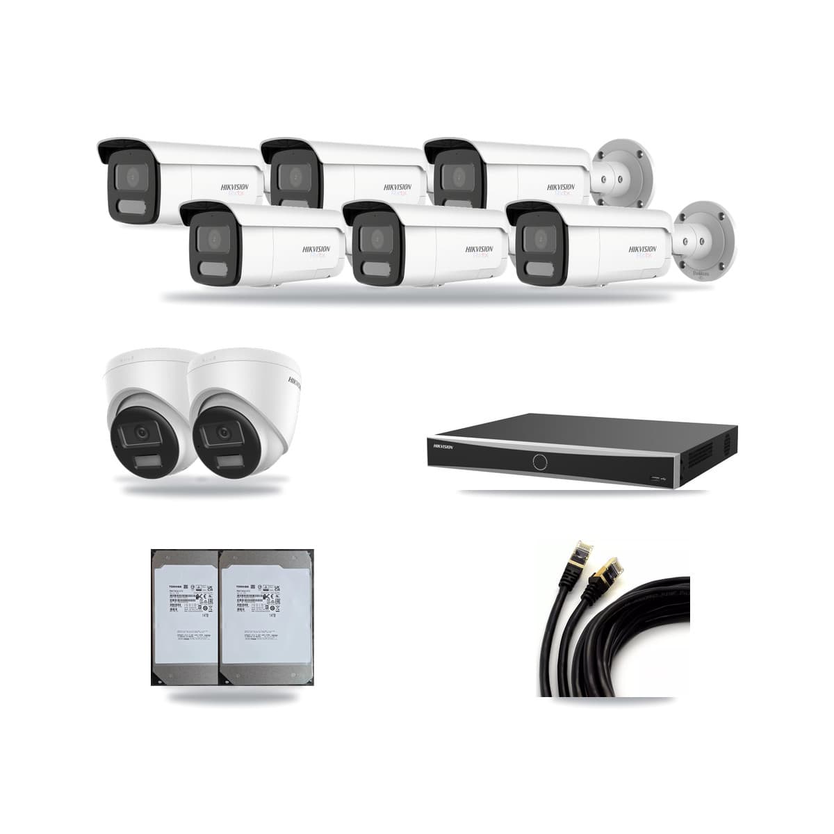 Hikvision 16-Channel 4K CCTV Kit — 2 DS-2CD1383G2-LIU Turret + 6 White DS-2CD2T87G2H-LISU/SL-2.8MM-W Bullet Cameras + 2× 14TB Recording (DS-7616NXI-K2/16P(E) Recorder) - Image 1