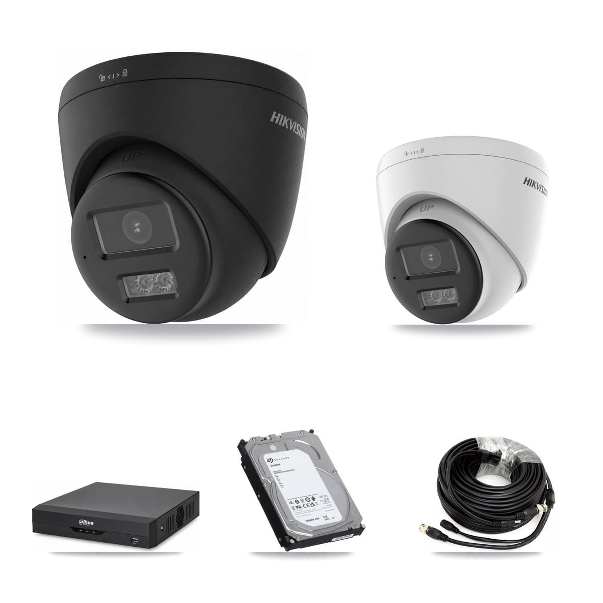 Hikvision & Dahua 4-Channel 5MP – 4K CCTV Kit — 1 DS-2CE78K0T-LTS 5MP + 3 Black DS-2CE78U0T-LTS-BLACK 4K Turret Cameras + 6TB Recording (DH-XVR5104HS-4KL-I2 Recorder) - Image 1