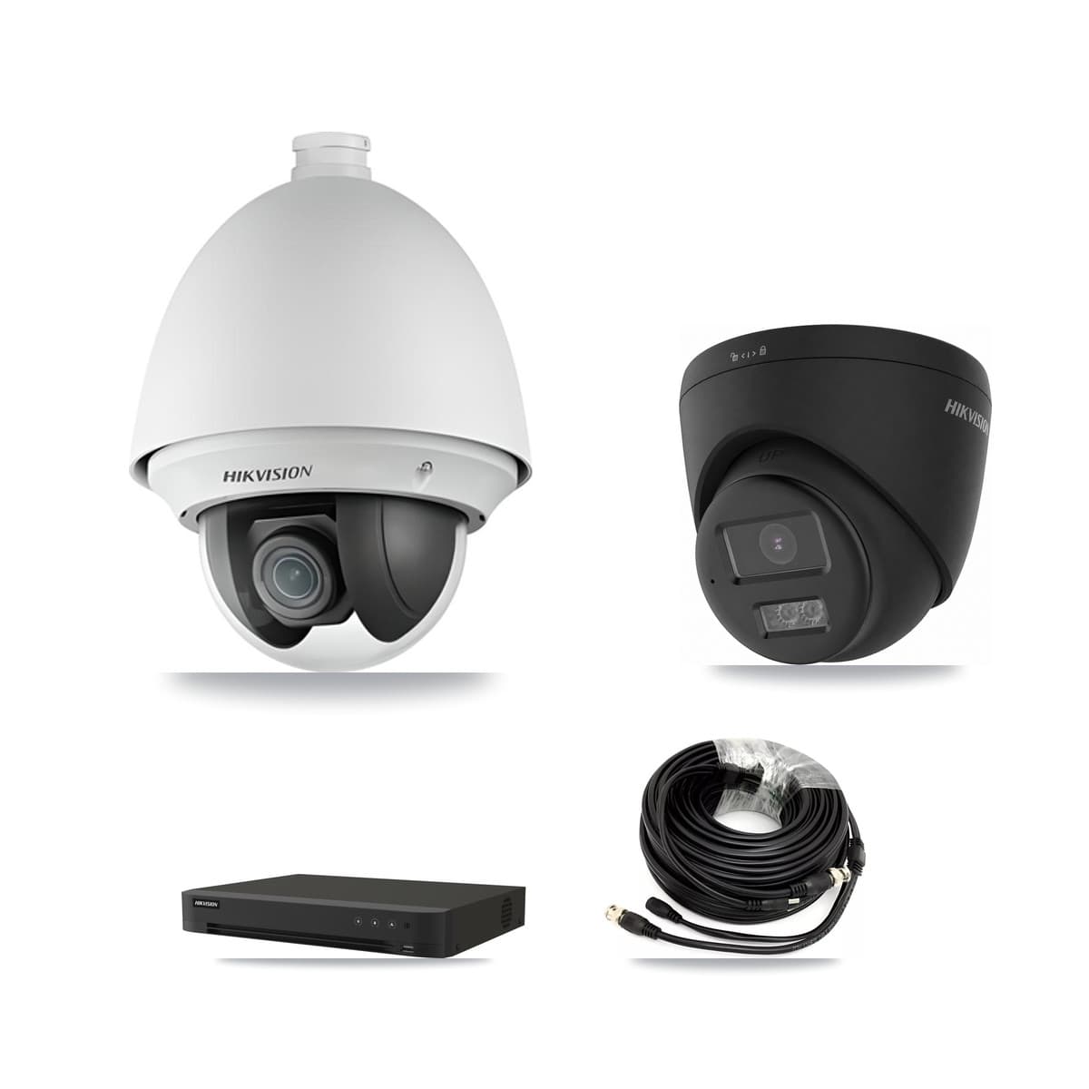 Hikvision 8-Channel 2MP – 4K CCTV Kit — 1 DS-2AE4225T-A 2MP PTZ + 1 Black DS-2CE78U0T-LTS-BLACK 4K Turret Cameras + 3TB Recording (IDS-7208HUHI-M1/XT Recorder)