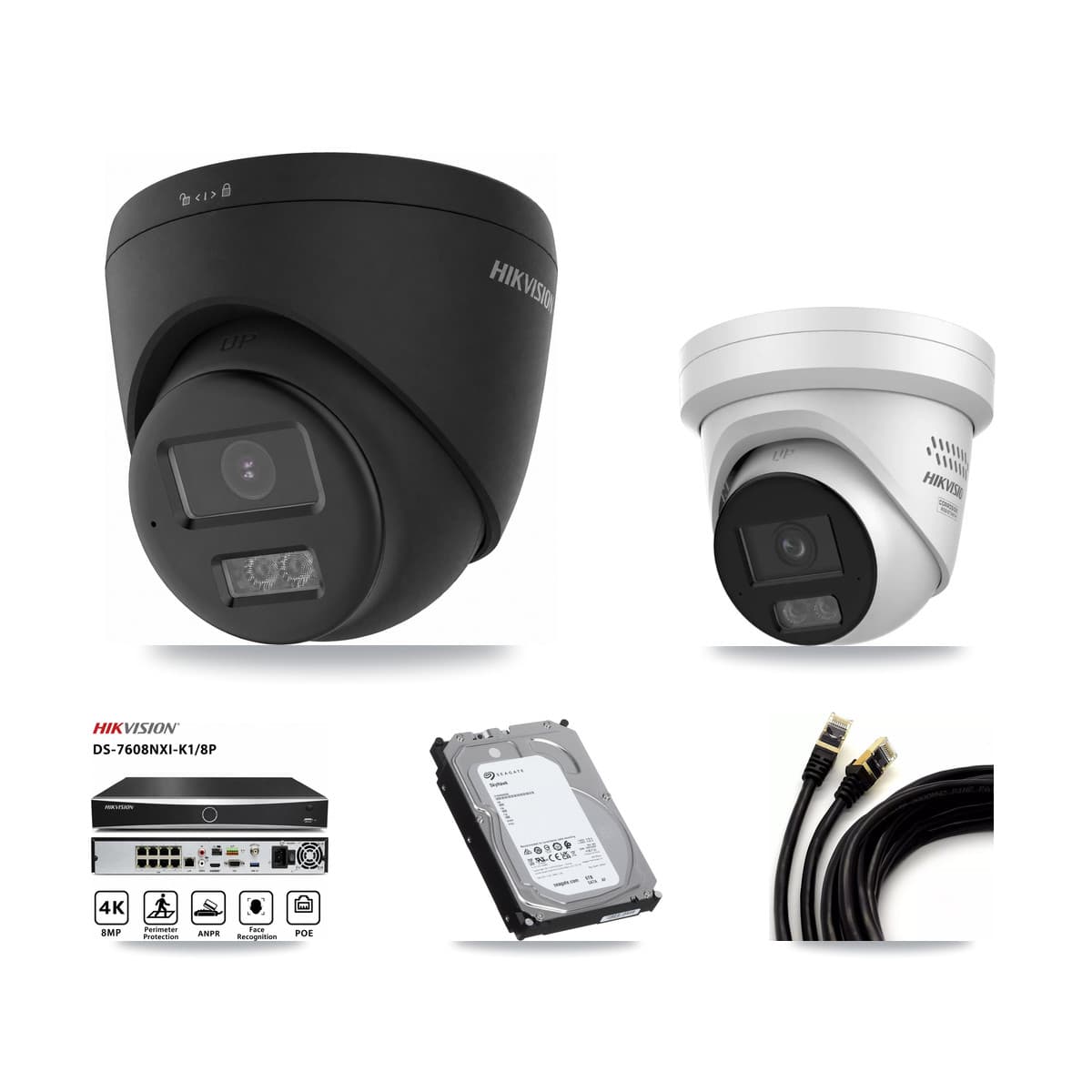Hikvision 8-Channel 4MP – 4K CCTV Kit — 2 Black 4K + 1 4MP Turret Cameras + 6TB Recording (DS-7608NXI Recorder)