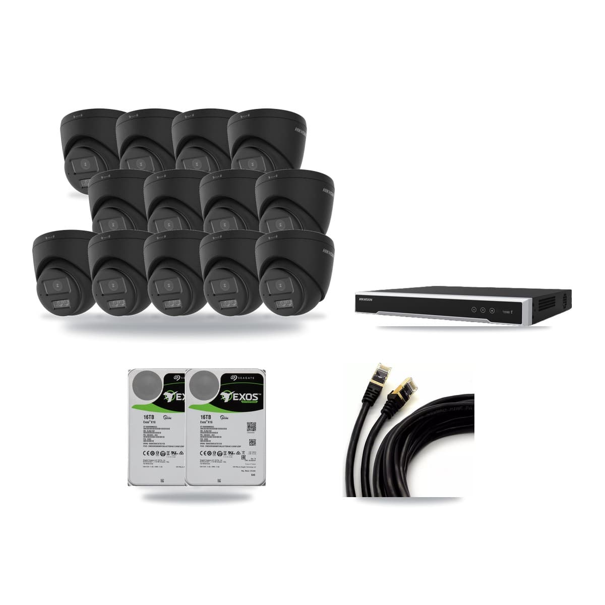 Hikvision 16-Channel 4K CCTV Kit — 13 Black Turret Cameras + 2× 16TB Recording (DS-7616NI-M2 Recorder) - Image 1