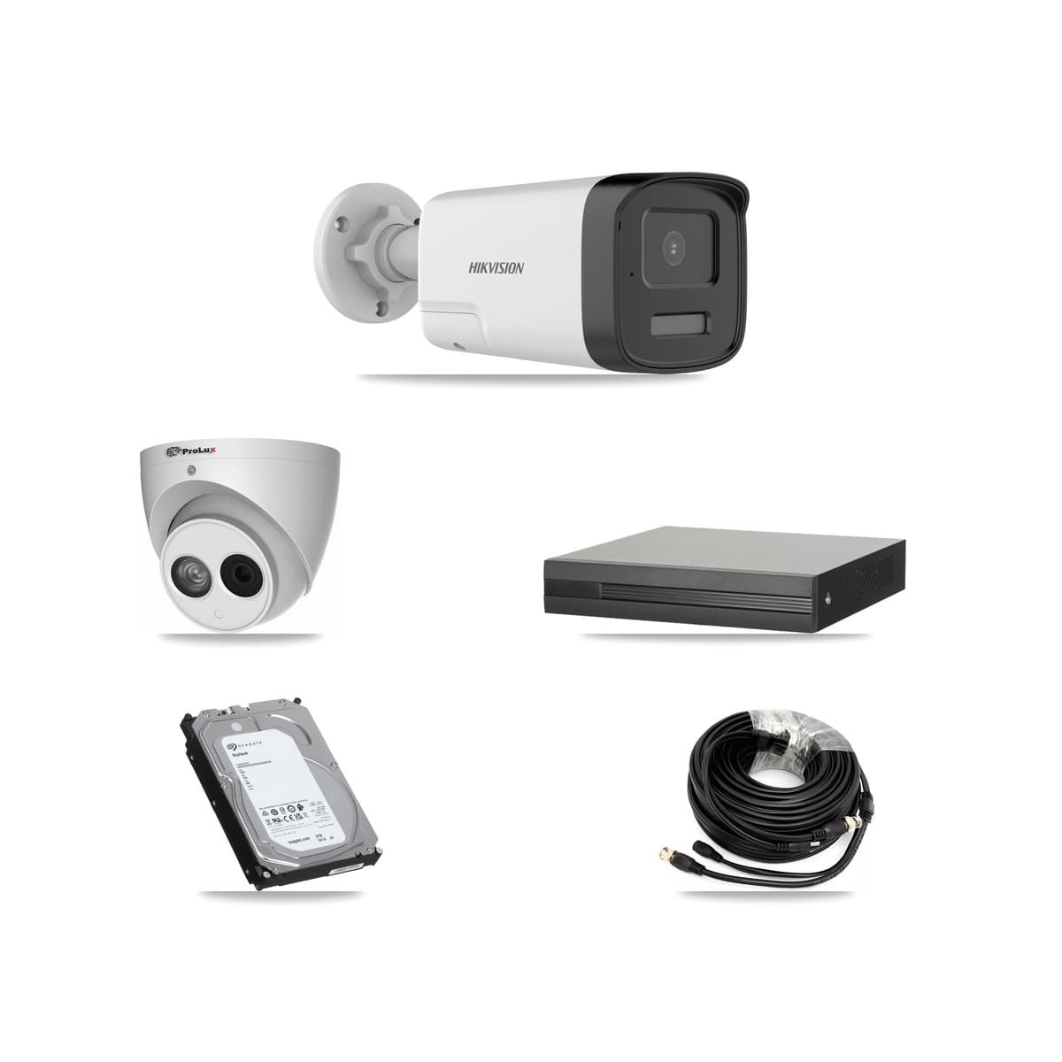 Hikvision & Prolux 8-Channel 4MP – 5MP CCTV Kit — 4 DS-2CE17K0T 5MP Bullet + 1 PXC-612C4W-A 4MP Turret Cameras + 6TB Recording (XVR-3108HS Recorder)