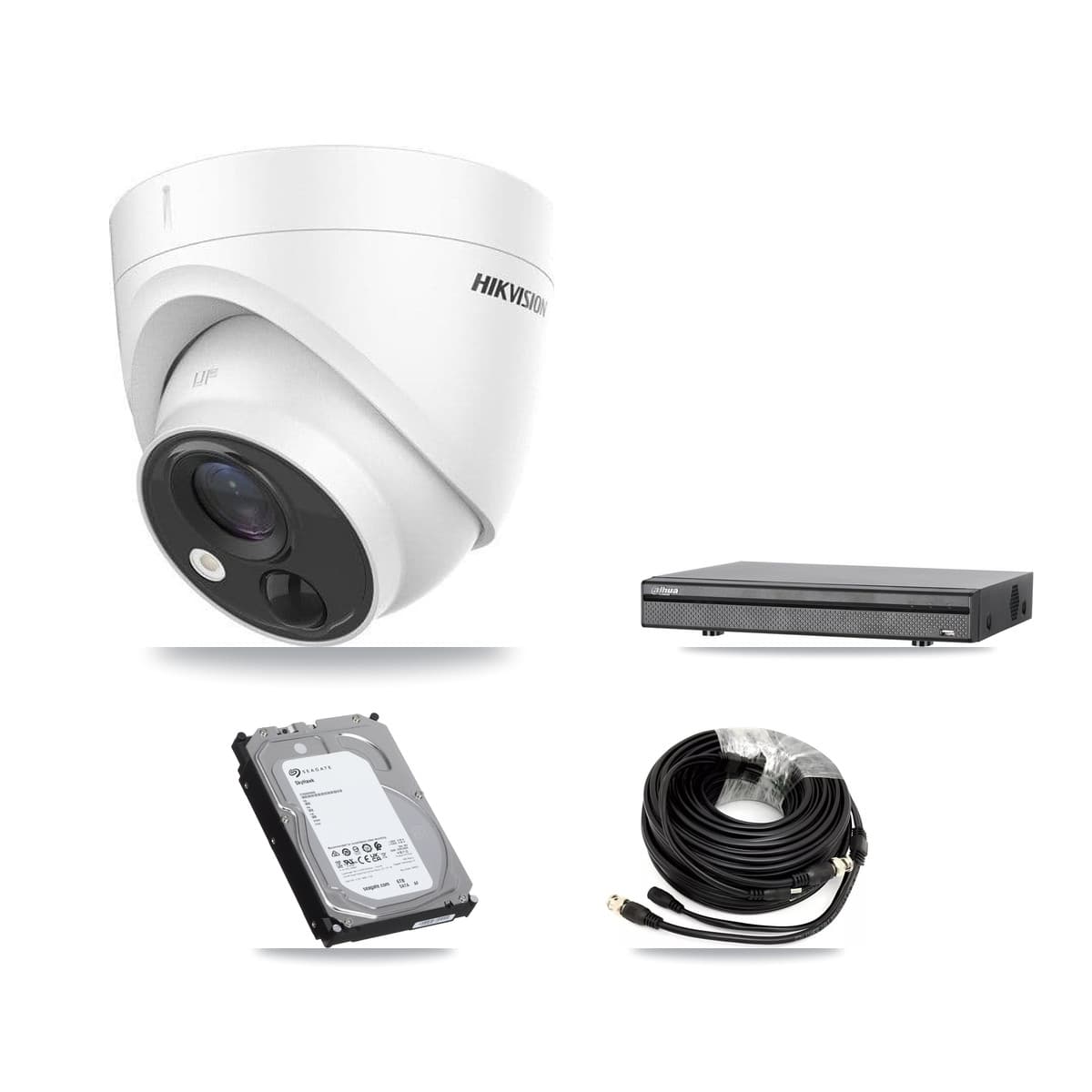 Hikvision & Dahua 8-Channel 5MP CCTV Kit — 4 DS-2CE71H0T Turret Cameras + 6TB Recording (DH-XVR5108H Recorder)