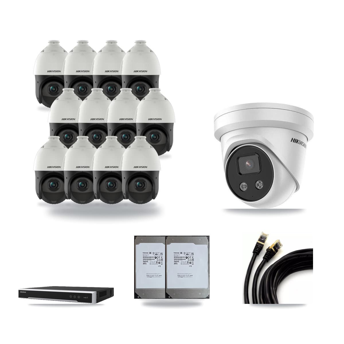 Hikvision 16-Channel 4MP – 5MP CCTV Kit — 1 5MP Turret + 12 4MP PTZ Cameras + 2× 14TB Recording (DS-7616NI-M2 Recorder) - Image 1