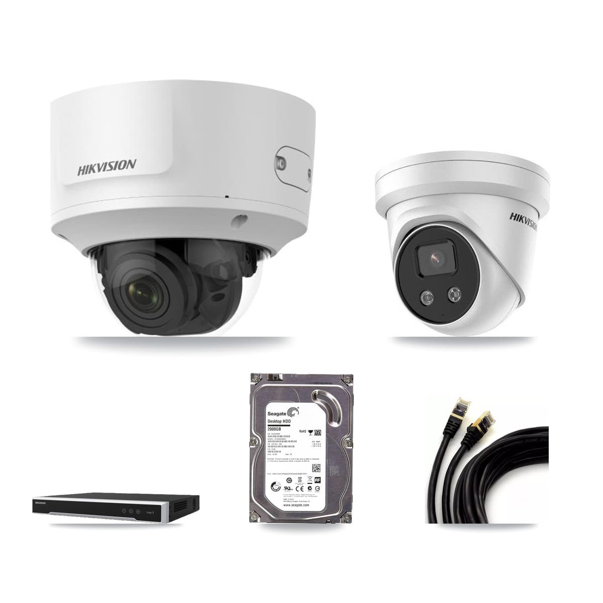 Hikvision 8-Channel 2MP – 5MP CCTV Kit — 1 2MP Dome + 1 5MP Turret Cameras + 2TB Recording (DS-7608NI-M2 Recorder)