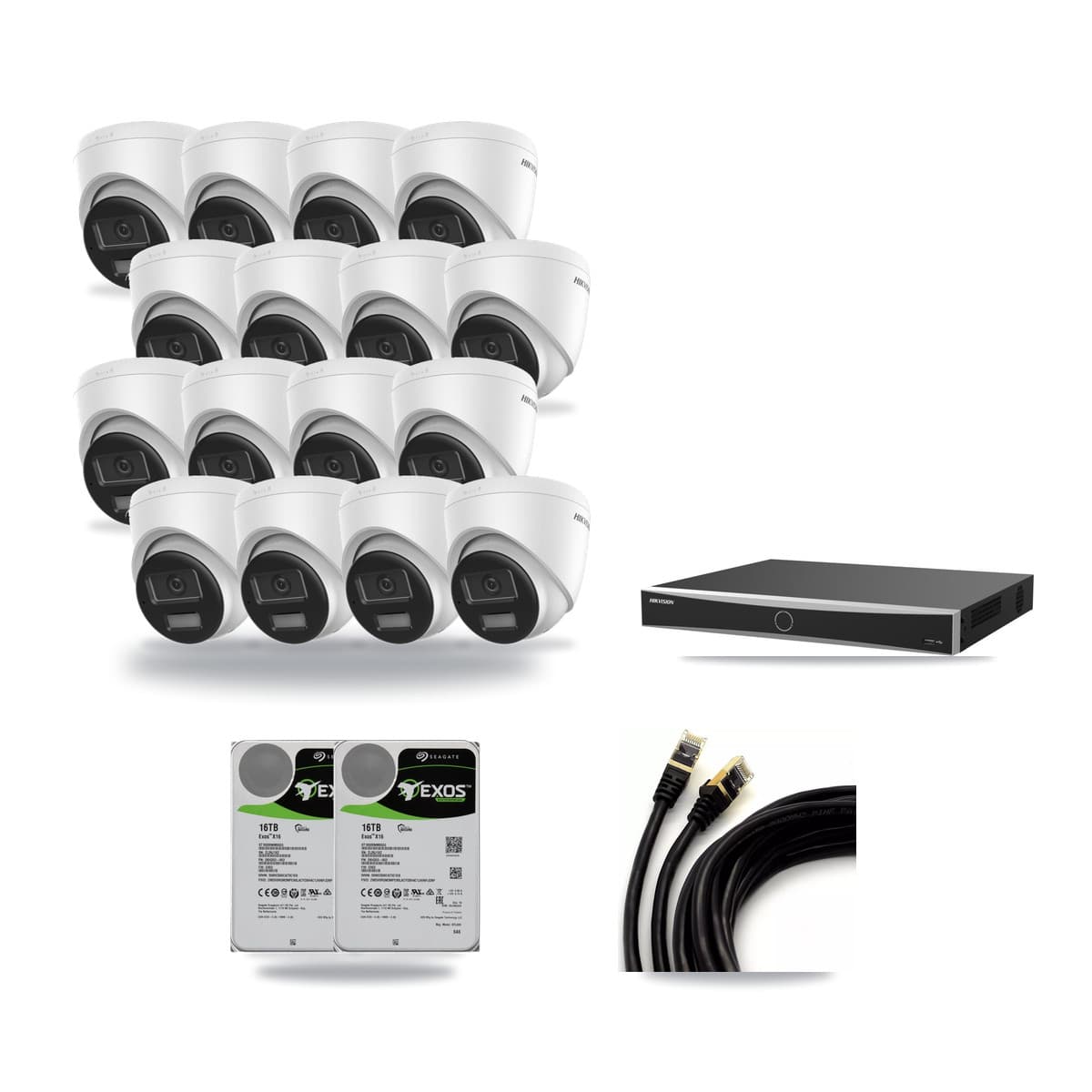 Hikvision 16-Channel 4K CCTV Kit — 16 DS-2CD1383G2-LIUF/SL Turret Cameras + 2× 16TB Recording (DS-7616NXI-K2/16P(E) Recorder) - Image 1