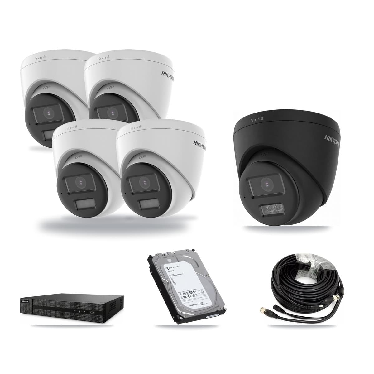 Hikvision 8-Channel 5MP – 4K CCTV Kit — 4 DS-2CE78K0T-LPTS 5MP + 1 Black DS-2CE78U0T-LTS-BLACK 4K Turret Cameras + 6TB Recording (DVR-8CH-HYL8MP Recorder) - Image 1