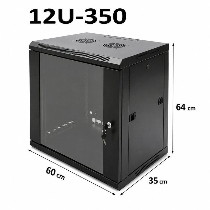 12U-350 Server Rack Data Network Cabinet - Black, Lockable Wall/Floor Mounted