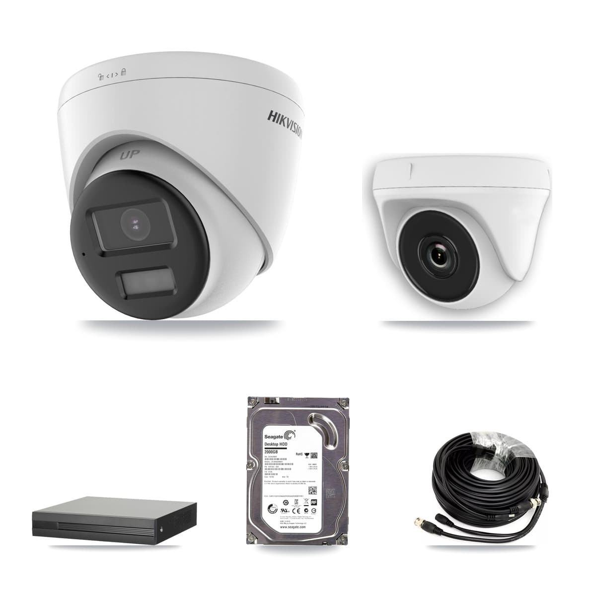Hikvision 4-Channel 2MP – 5MP CCTV Kit — 1 DS-2CE78K0T 5MP Turret + 1 White HDT-2MP-N20W 2MP Dome Cameras + 2TB Recording (XVR-3104HS Recorder)