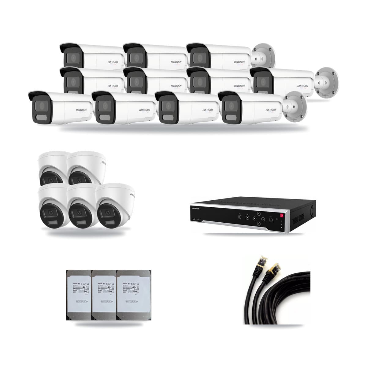 Hikvision 32-Channel 4K CCTV Kit — 5 DS-2CD1383G2-LIUF/SL Turret + 11 White DS-2CD2T87G2H-LISU/SL-2.8MM-W Bullet Cameras + 3× 14TB Recording (DS-7732NI-M4/24P Recorder) - Image 1