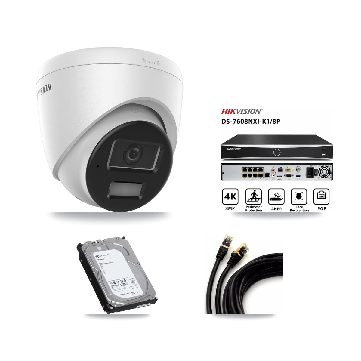 Hikvision 8-Channel 4MP CCTV Kit — 4 DS-2CD1343G2 Turret Cameras + 6TB Recording (DS-7608NXI Recorder)