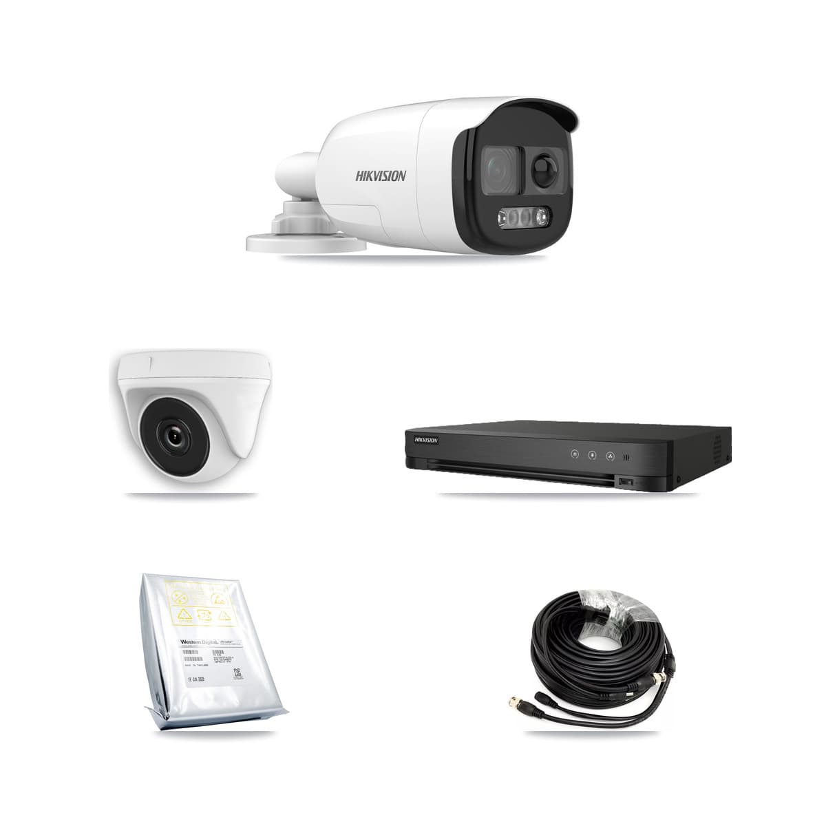 Hikvision 8-Channel 2MP – 5MP CCTV Kit — 4 DS-2CE12KF3T-PIRXO 5MP Bullet + 4 White HDT-2MP-N20W-2.8MM 2MP Dome Cameras + 8TB Recording (IDS-7208HUHI-M1/E Recorder)