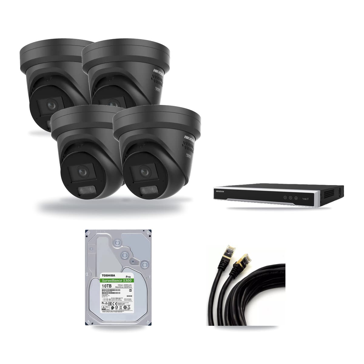 Hikvision 8-Channel 4K CCTV Kit — 4 Black DS-2CD2387G3 Turret Cameras + 10TB Recording (DS-7608NI-M2 Recorder) - Image 1