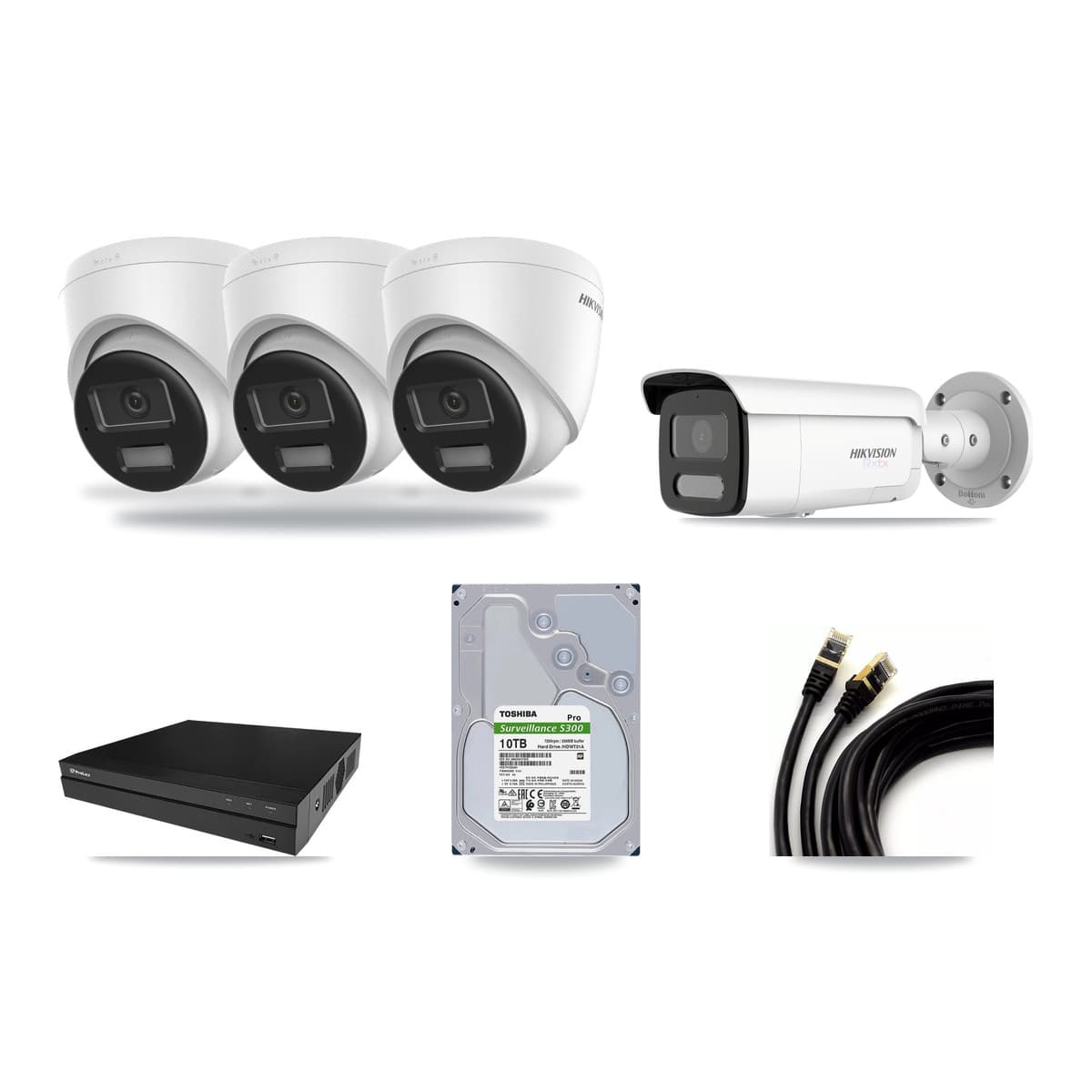 Hikvision & Prolux 8-Channel 4K CCTV Kit — 3 DS-2CD1383G2-LIUF/SL Turret + 1 White DS-2CD2T87G2H-LISU/SL-2.8MM-W Bullet Cameras + 10TB Recording (PXN-2108HS-8P-4K Recorder) - Image 1
