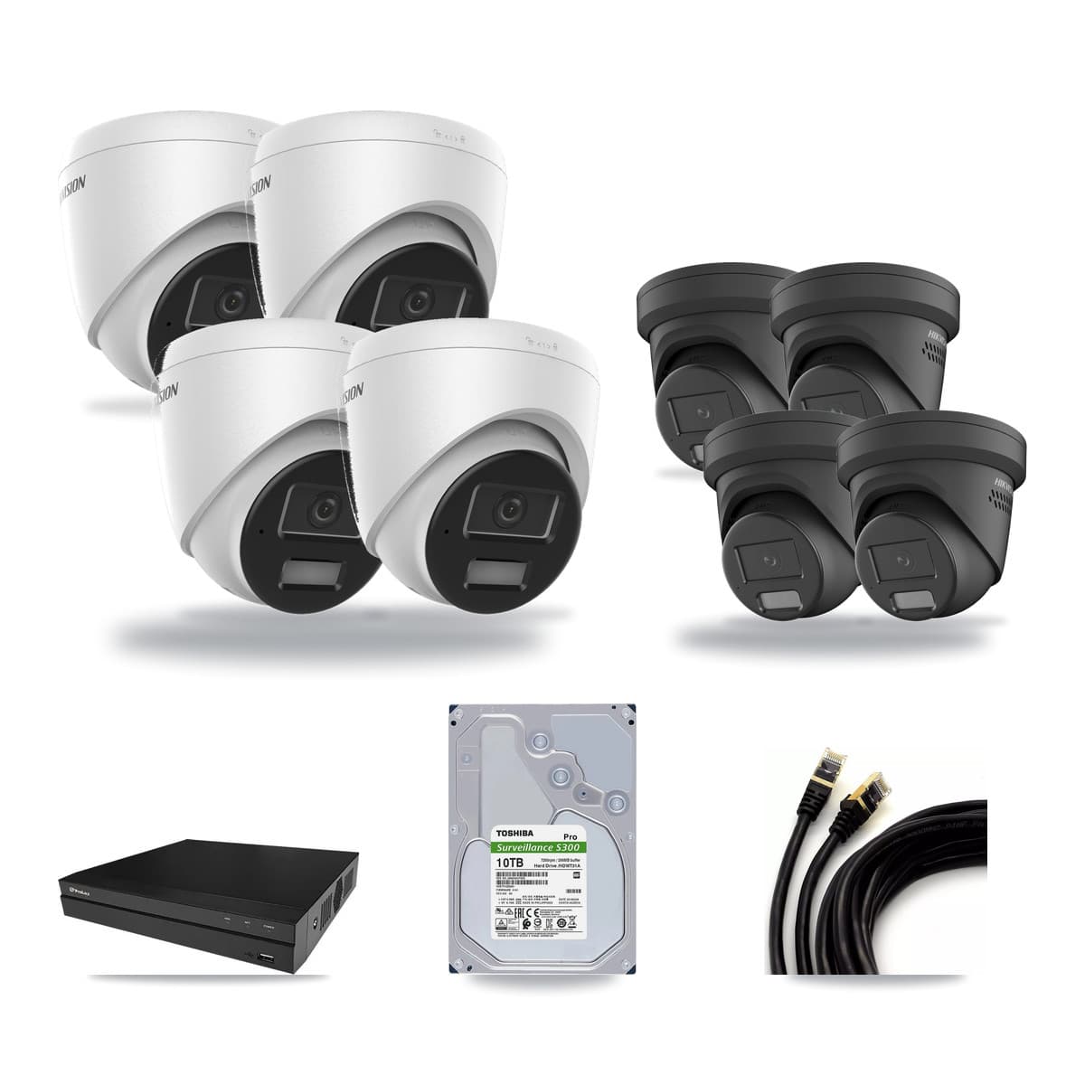 Hikvision & Prolux 8-Channel 4MP CCTV Kit — 4 DS-2CD1343G2 + 4 DS-2CD2347G2 Turret Cameras + 10TB Recording - Image 1