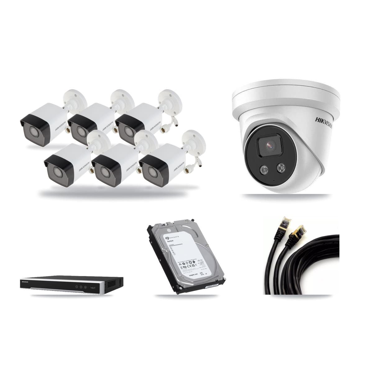 Hikvision 8-channel CCTV kit: 7 cameras (6× 5MP Bullet + 1× 5MP Turret), 6TB hard drive