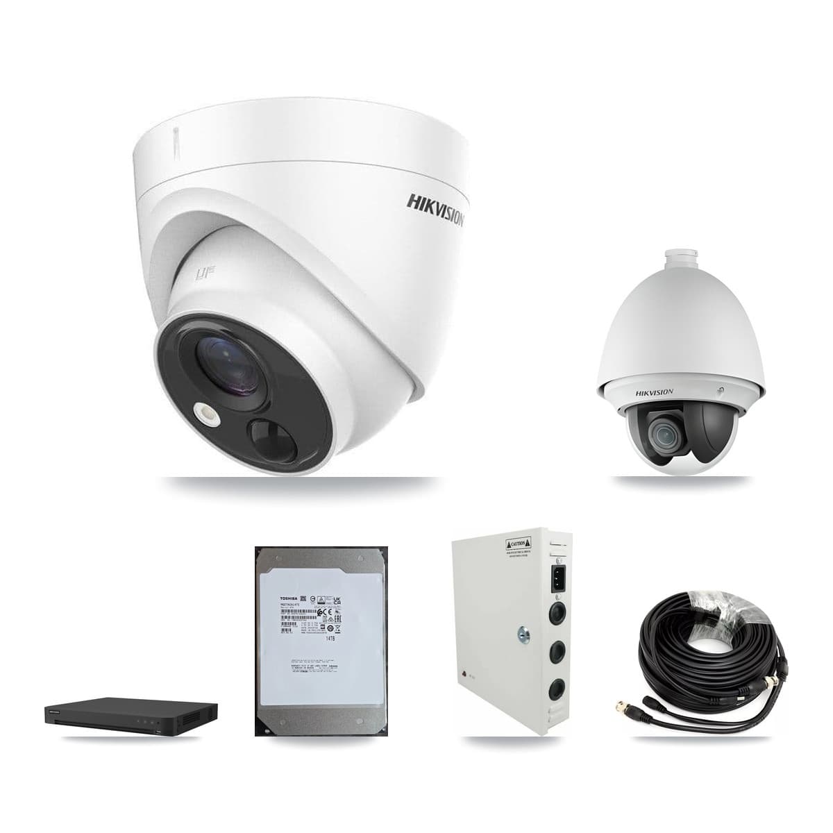 Hikvision 16-Channel 2MP – 5MP CCTV Kit — 1 DS-2AE4225T 2MP PTZ + 9 DS-2CE71H0T 5MP Turret Cameras + 14TB Recording