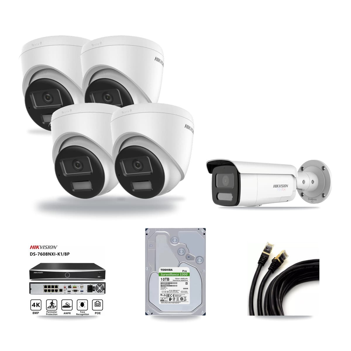 Hikvision 8-Channel 4K CCTV Kit — 4 DS-2CD1383G2-LIUF/SL Turret + 1 White DS-2CD2T87G2H-LISU/SL-2.8MM-W Bullet Cameras + 10TB Recording (DS-7608NXI-K1/8P Recorder) - Image 1