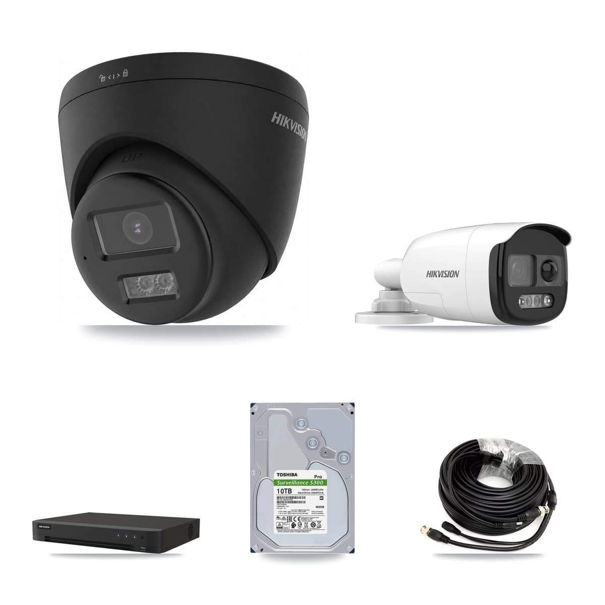 Hikvision 8-Channel 5MP – 4K CCTV Kit — 1 DS-2CE12KF3T-PIRXO 5MP Bullet + 3 Black DS-2CE78U0T-LTS-BLACK 4K Turret Cameras + 10TB Recording (IDS-7208HUHI-M1/XT Recorder)
