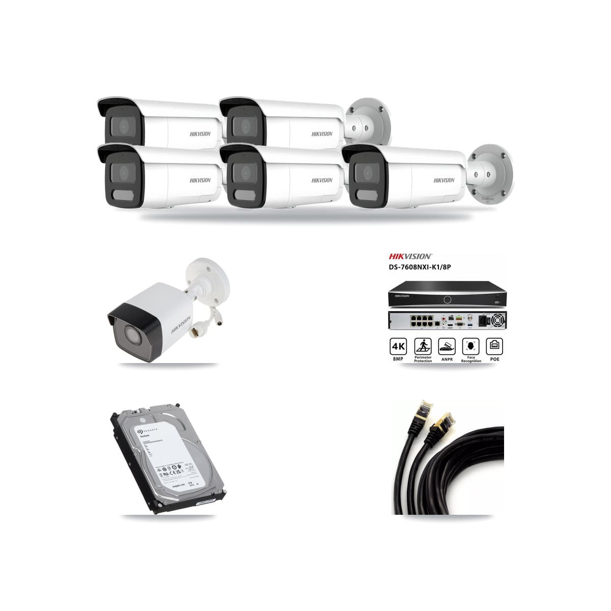 Hikvision 8-Channel 4MP – 5MP CCTV Kit — 1 5MP + 5 4MP Bullet Cameras + 6TB Recording (DS-7608NXI Recorder) - Image 1
