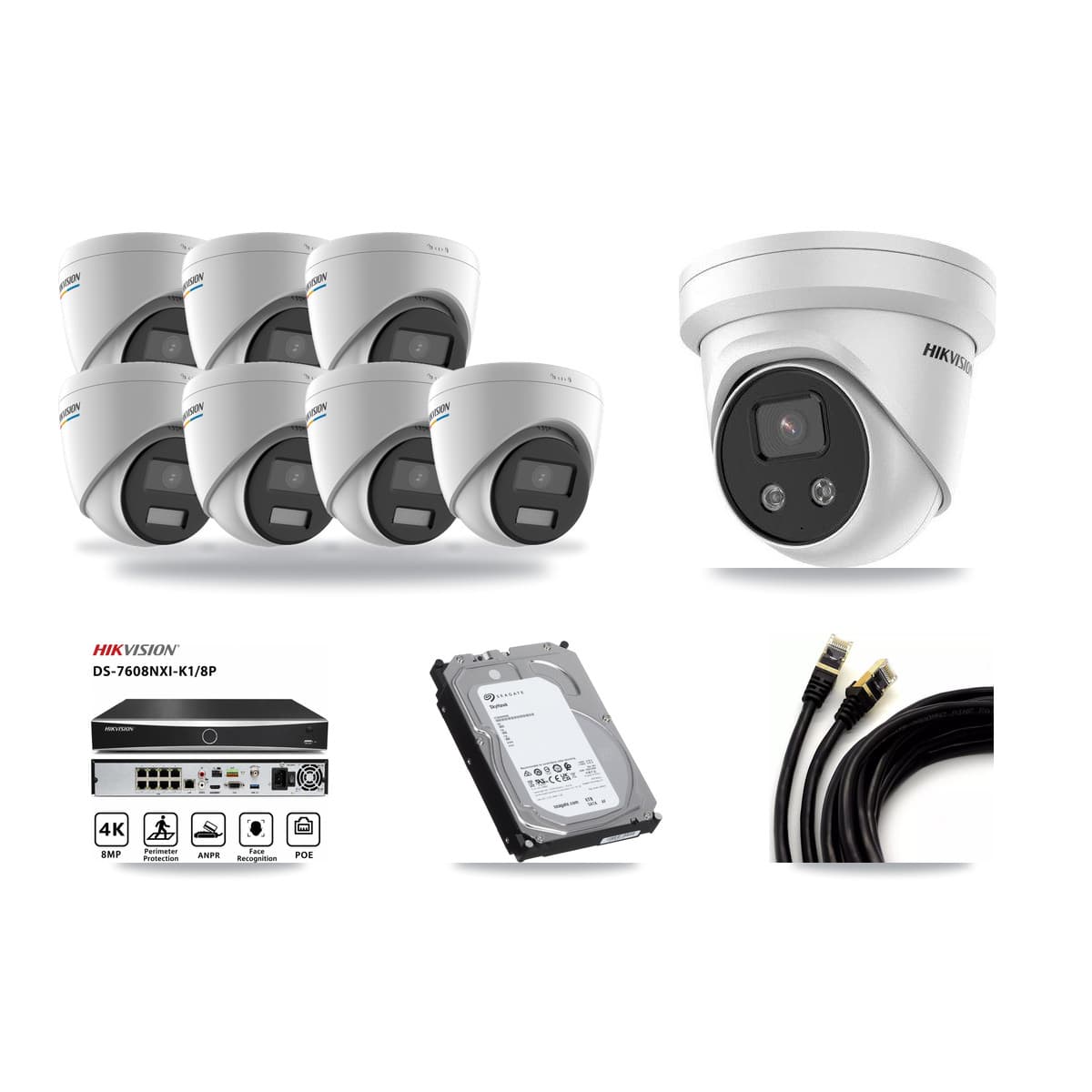 Hikvision 8-channel CCTV kit: 8 cameras (7× 2MP Turret + 1× 5MP Turret), 6TB hard drive