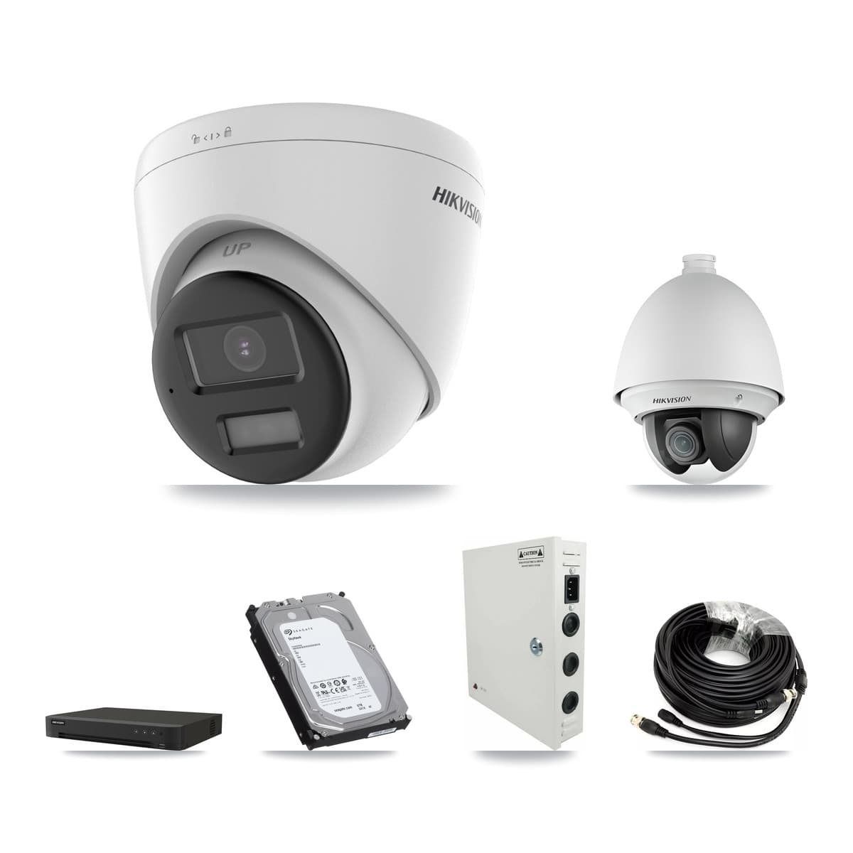 Hikvision 8-Channel 2MP – 4K CCTV Kit — 1 DS-2AE4225T-A 2MP PTZ + 2 DS-2CE78U0T-LPTS 4K Turret Cameras + 6TB Recording (IDS-7208HUHI-M1/XT Recorder)