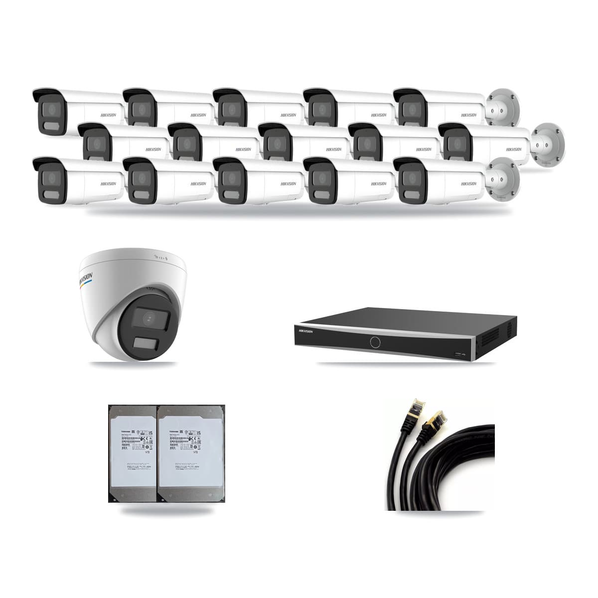 Hikvision 16-Channel 2MP – 4MP CCTV Kit — 1 2MP Turret + 15 4MP Bullet Cameras + 2× 14TB Recording (DS-7616NXI Recorder) - Image 1